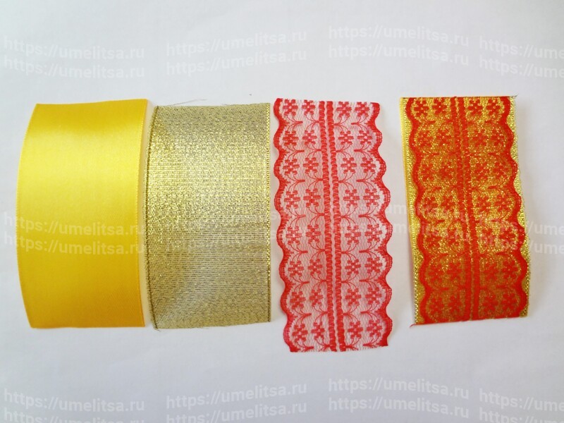 Нарядные красно-золотые многослойные бантики канзаши