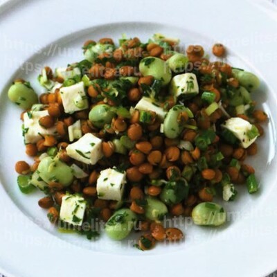 Салат из чечевицы, конских бобов и сыра фета