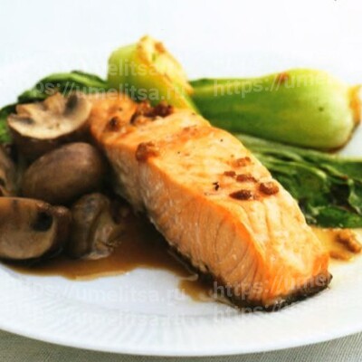 Семга с грибами и китайской капустой